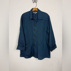 FLAX Linen Navy Blue Button Up Collar Tunic Relaxed Boho Long Sleeve Sz Small